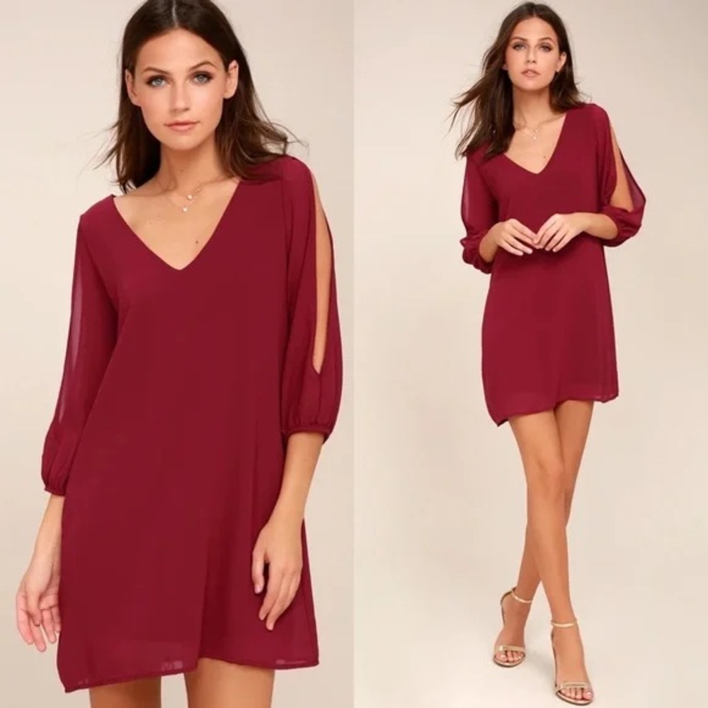 Lulu’s Shifting Dears Wine Red Long Sleeve Dress